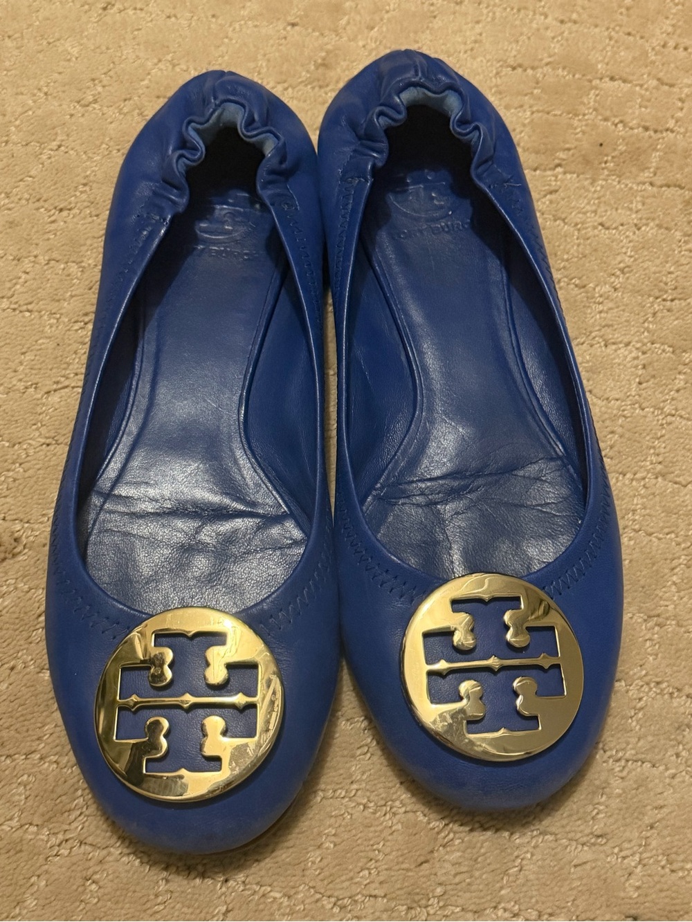 Tory Burch Royal Blue Logo Ballet Flats with Gold Emblem 8.5